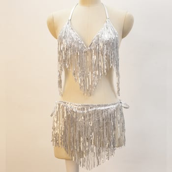 Belly dance jelmez flitterekkel és bojtokkal, rövid bikini szett, 3 mm flitterek, PVC anyagú