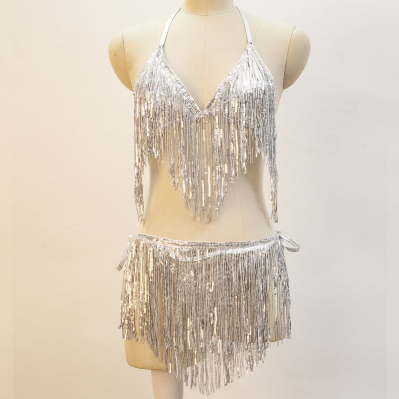 Belly dance jelmez flitterekkel és bojtokkal, rövid bikini szett, 3 mm flitterek, PVC anyagú