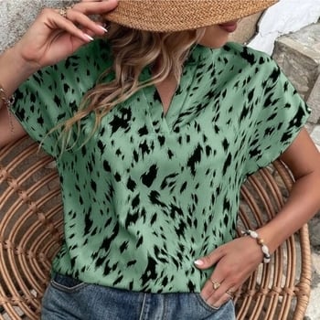 Női V-nyakú laza szabású rövid ujjú pulóverblúz, raglán ujjak, poliészter