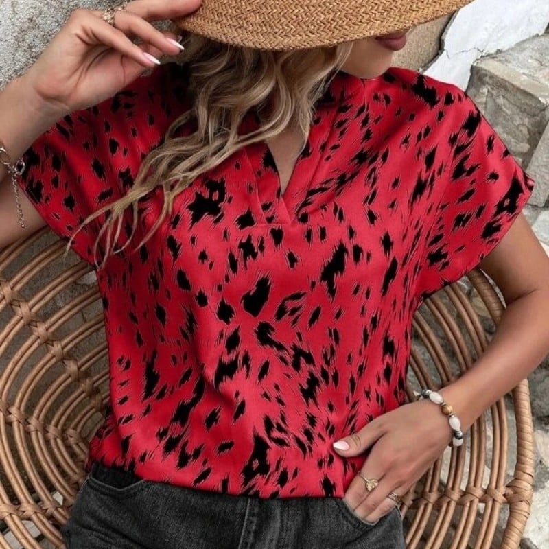 Női V-nyakú laza szabású rövid ujjú pulóverblúz, raglán ujjak, poliészter