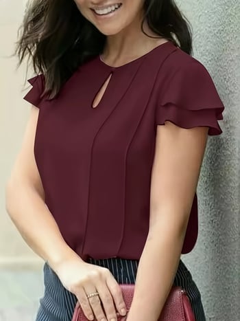 Női rövid ujjú ing - poliészter, karcsú szabás, félnyitott gallér, fodros ujjú, normál hossz 50–65 cm