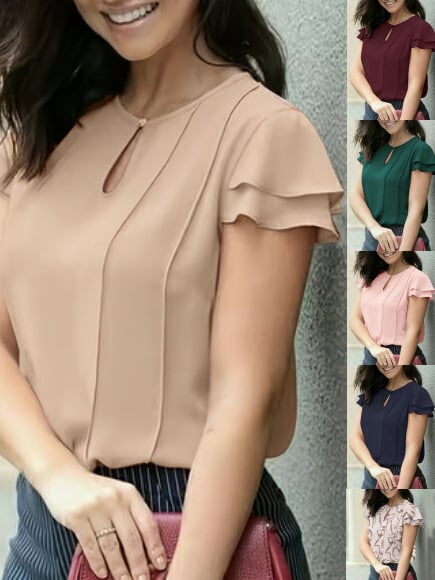 Női rövid ujjú ing - poliészter, karcsú szabás, félnyitott gallér, fodros ujjú, normál hossz 50–65 cm