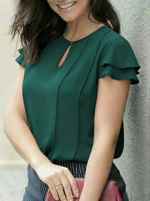 Női rövid ujjú ing - poliészter, karcsú szabás, félnyitott gallér, fodros ujjú, normál hossz 50–65 cm