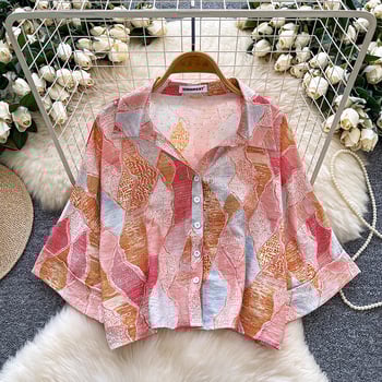 Női virágos mintázatú poliészter ing, polo gallérral, rövid ujjú, rövid fazon 40-50 cm, casual kardigan-stílus
