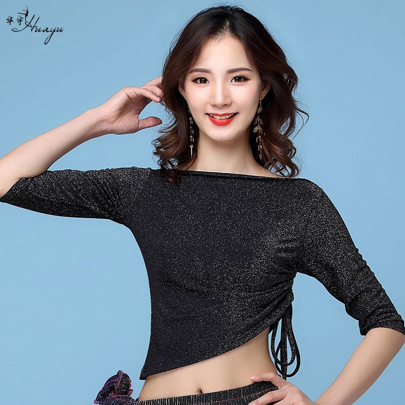 Huayu hastánc gyakorló felső ezüst hálós oldalsó kötővel, nylon anyag, tavasz 2024, nők 25–29 évesek