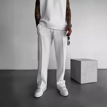 Férfi mindennapi kötött nadrág, egyenes szabás, középmagas derék, zárás kötővel, poliészter Air Layer anyag, négy évszakra