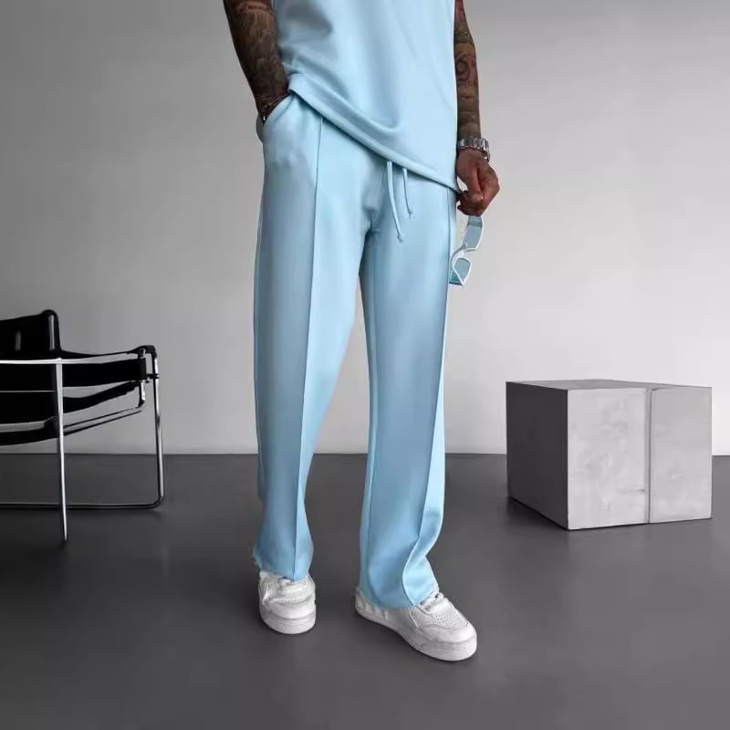 Férfi mindennapi kötött nadrág, egyenes szabás, középmagas derék, zárás kötővel, poliészter Air Layer anyag, négy évszakra