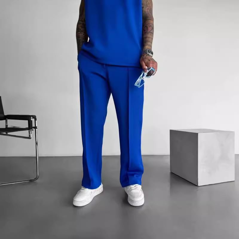 Férfi mindennapi kötött nadrág, egyenes szabás, középmagas derék, zárás kötővel, poliészter Air Layer anyag, négy évszakra