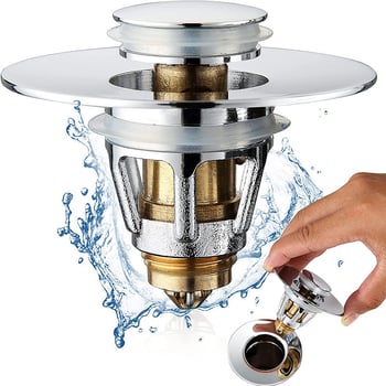 Réz anyagú pop-up mosdólefolyó dugó, forgatható fedéllel, szűrőhálóval és szag elleni tömítéssel – nyomógombos típus