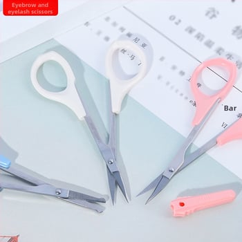 Rozsdamentes acélból készült kozmetikai olló, szemöldök- és orrszőr ollóval, kerek fejű és hajlított heggyel.