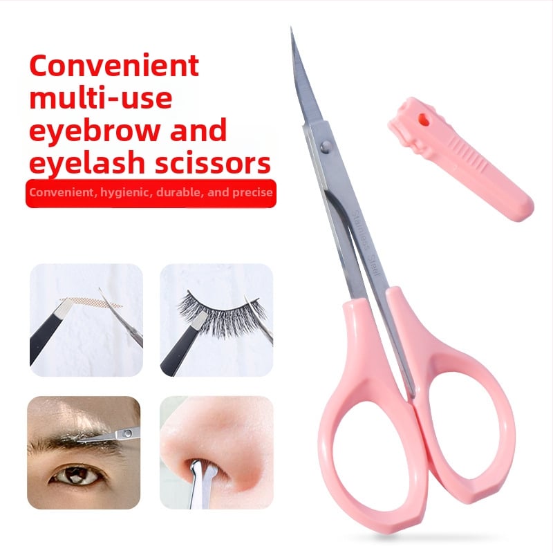 Rozsdamentes acélból készült kozmetikai olló, szemöldök- és orrszőr ollóval, kerek fejű és hajlított heggyel.
