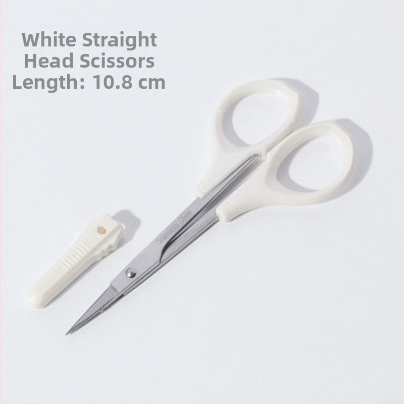 Rozsdamentes acélból készült kozmetikai olló, szemöldök- és orrszőr ollóval, kerek fejű és hajlított heggyel.