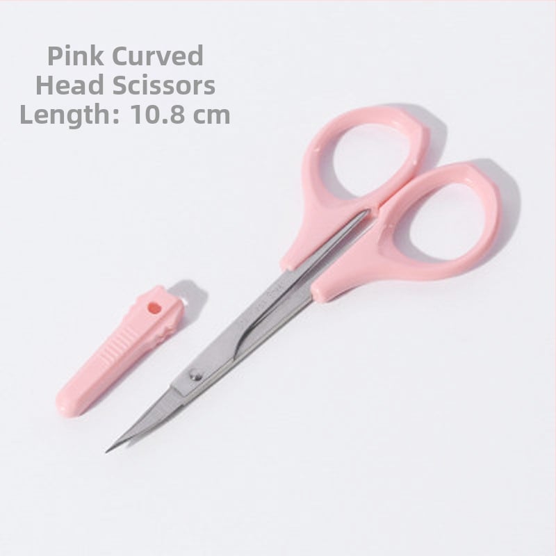 Rozsdamentes acélból készült kozmetikai olló, szemöldök- és orrszőr ollóval, kerek fejű és hajlított heggyel.