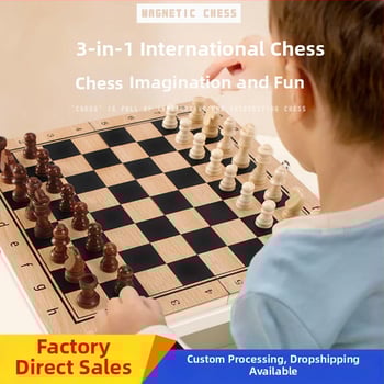 Három az egyben tömörfa sakk- és dámajáték készlet – hordozható