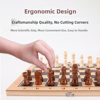 Három az egyben tömörfa sakk- és dámajáték készlet – hordozható