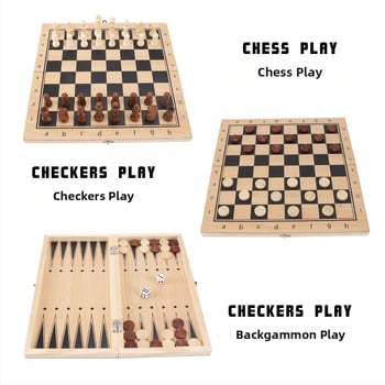 Három az egyben tömörfa sakk- és dámajáték készlet – hordozható