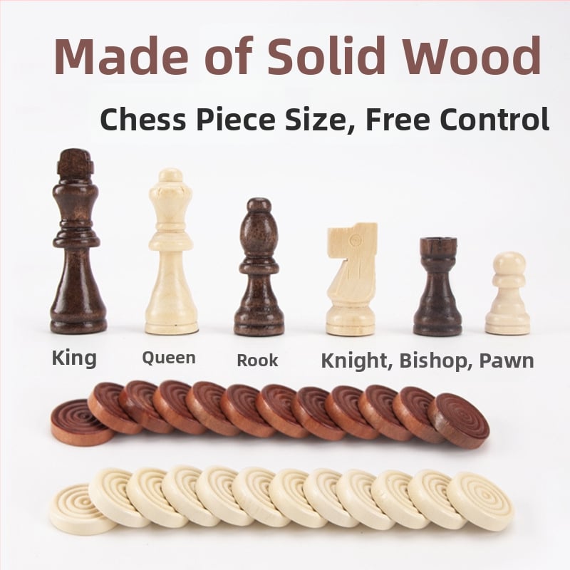 Három az egyben tömörfa sakk- és dámajáték készlet – hordozható