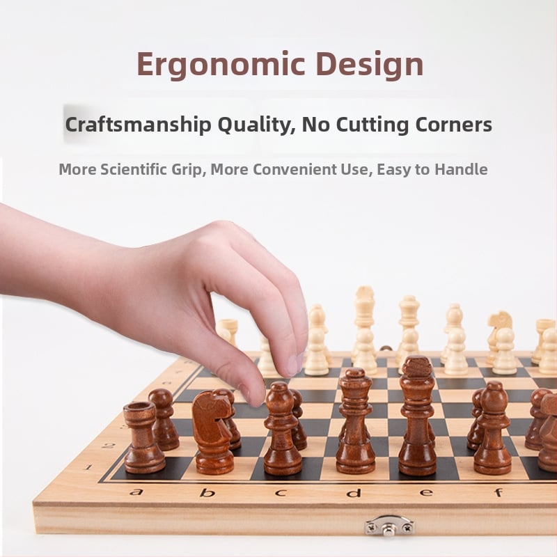 Három az egyben tömörfa sakk- és dámajáték készlet – hordozható