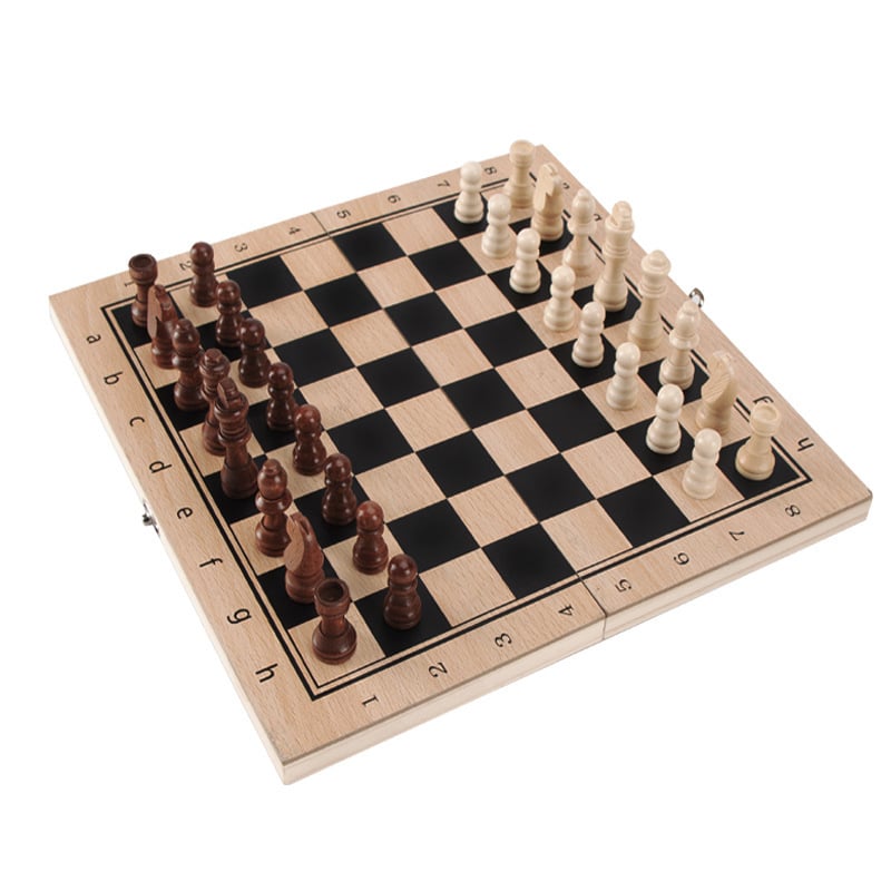 Három az egyben tömörfa sakk- és dámajáték készlet – hordozható