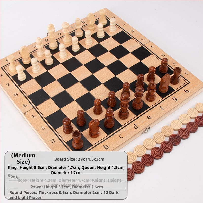 Három az egyben tömörfa sakk- és dámajáték készlet – hordozható