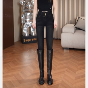 Magas derekú farmernadrág fleece béléses, rugalmas denim (95% pamut, 5% elasztán), vastag az őszi–téli szezonra