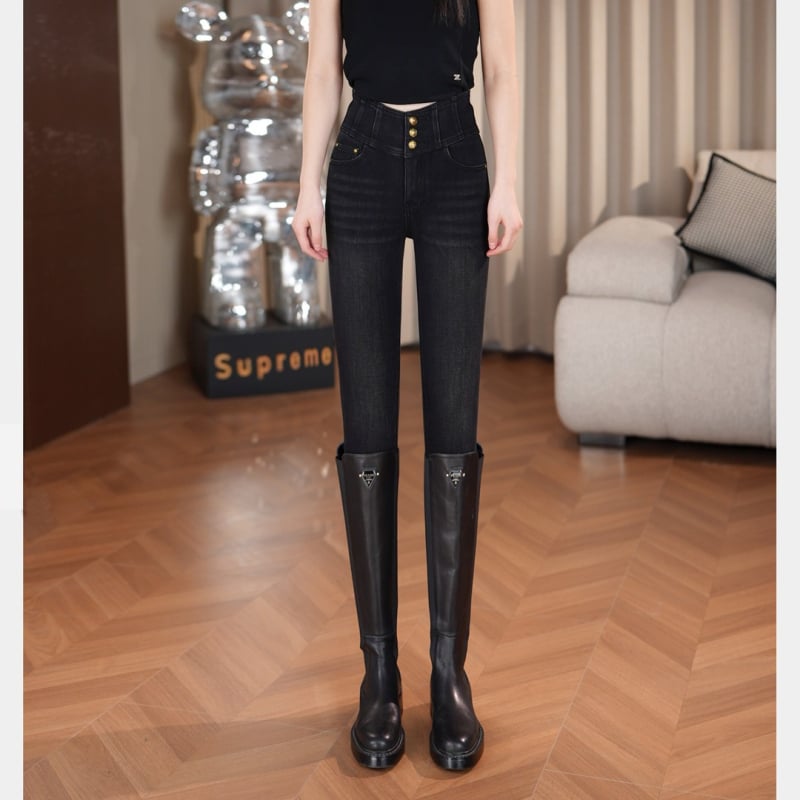 Magas derekú farmernadrág fleece béléses, rugalmas denim (95% pamut, 5% elasztán), vastag az őszi–téli szezonra