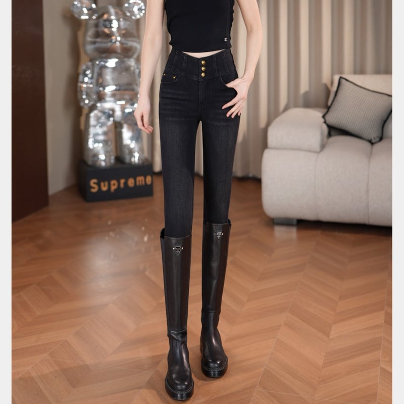 Magas derekú farmernadrág fleece béléses, rugalmas denim (95% pamut, 5% elasztán), vastag az őszi–téli szezonra