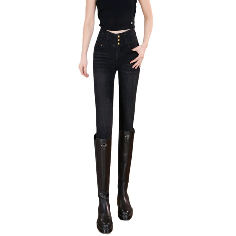 Magas derekú farmernadrág fleece béléses, rugalmas denim (95% pamut, 5% elasztán), vastag az őszi–téli szezonra