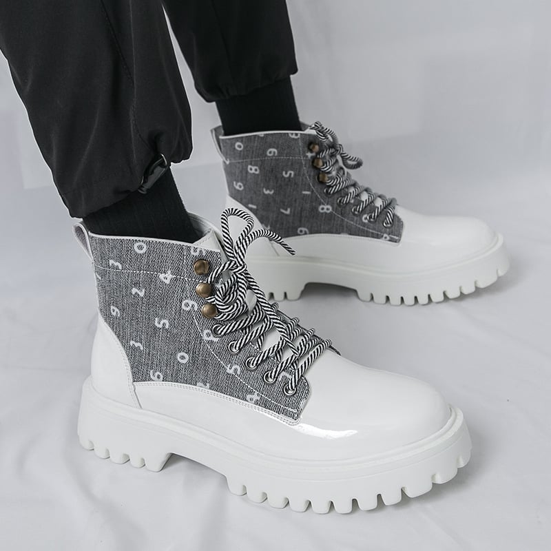 Magasságot növelő vastag talpú bőrcsizma, Martin-stílusú magas szárú, PU felsőrész, gumi talp, 3-5 cm sarok, ősz