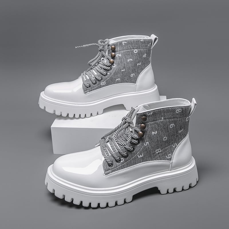 Magasságot növelő vastag talpú bőrcsizma, Martin-stílusú magas szárú, PU felsőrész, gumi talp, 3-5 cm sarok, ősz