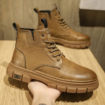 Férfi Martin csizma, koreai stílus, középmagas szár, mikroszálas felépítés, gumitalp, elöl fűzőkkel