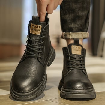 Férfi Martin csizma, koreai stílus, középmagas szár, mikroszálas felépítés, gumitalp, elöl fűzőkkel