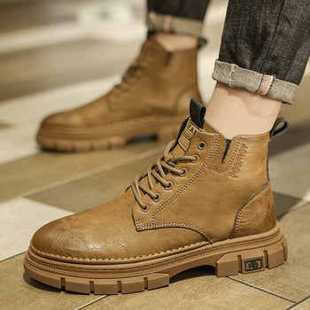 Férfi Martin csizma, koreai stílus, középmagas szár, mikroszálas felépítés, gumitalp, elöl fűzőkkel