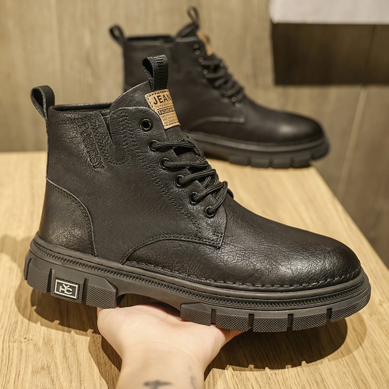 Férfi Martin csizma, koreai stílus, középmagas szár, mikroszálas felépítés, gumitalp, elöl fűzőkkel