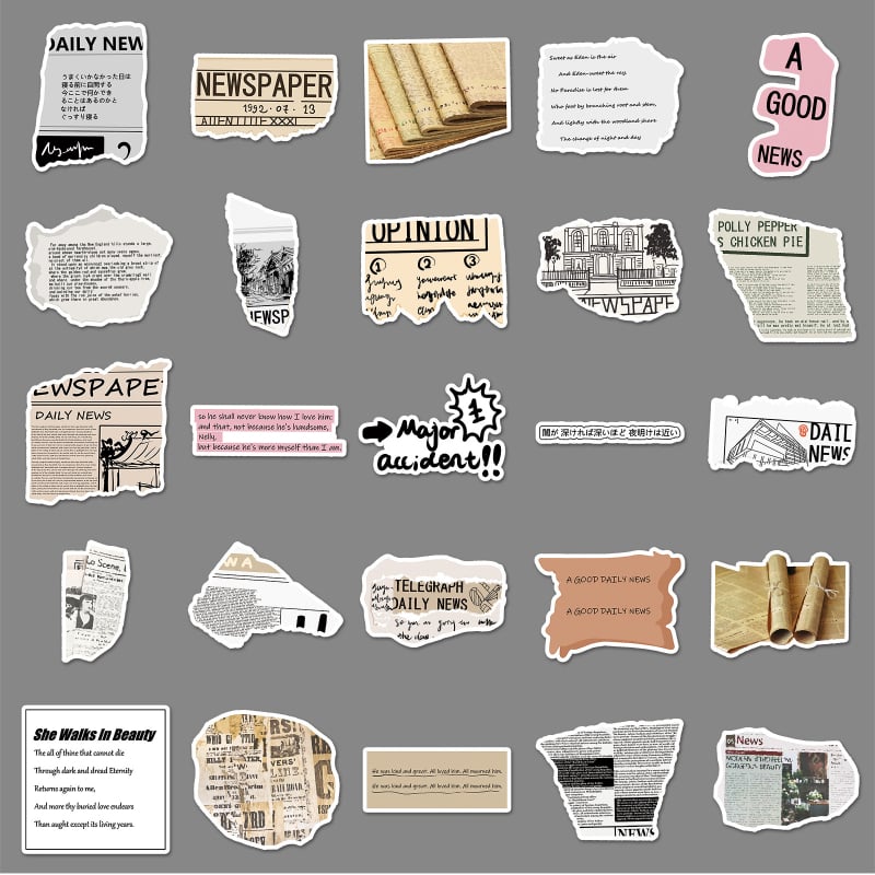 Meili Color retro újságpapíros matricakészlet, 50 db, vízálló, 30 g darabonként, ofszetnyomtatás