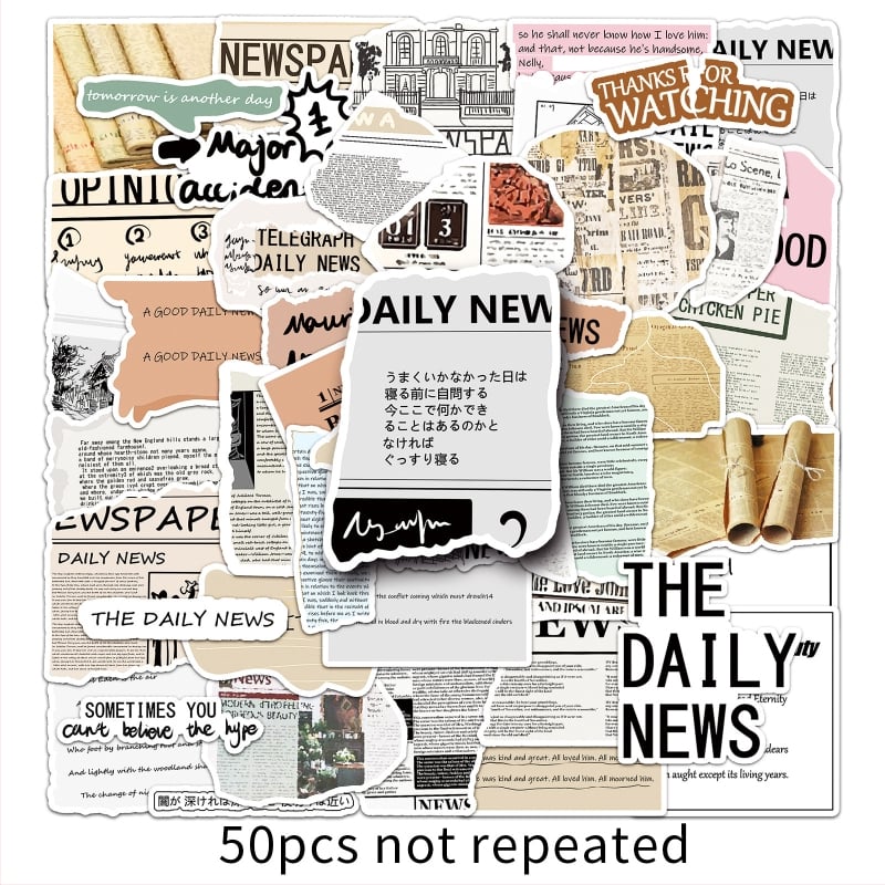 Meili Color retro újságpapíros matricakészlet, 50 db, vízálló, 30 g darabonként, ofszetnyomtatás