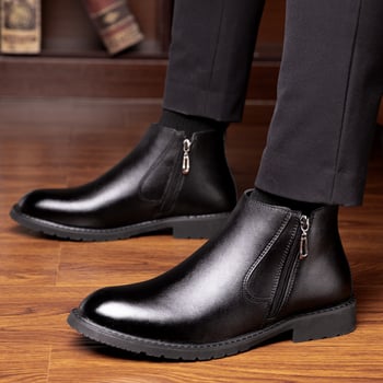 Férfi Chelsea bakancs mikrobarázdás bőr felsőrésszel, gumitalppal, meleg gyapjú bélés, oldalsó cipzár, alacsony vastag sarok télre