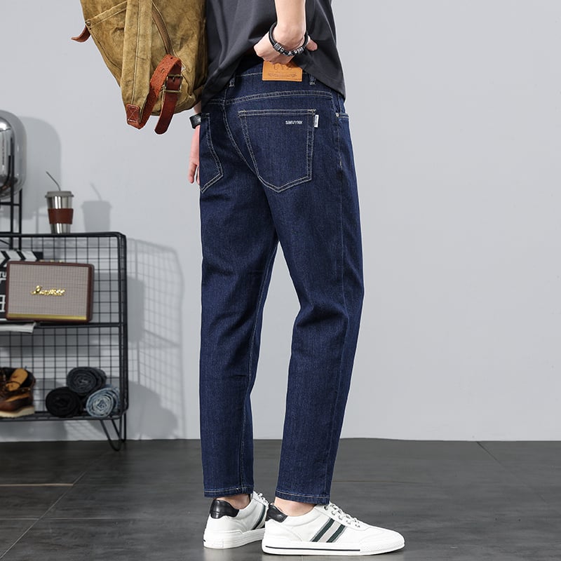Férfi cropped slim-fit farmernadrág, egyenes szabás, pamut-denim, középmagas derék