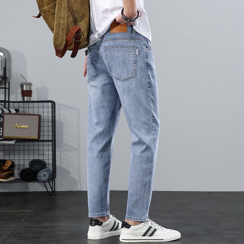 Férfi cropped slim-fit farmernadrág, egyenes szabás, pamut-denim, középmagas derék