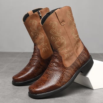 Férfi Martin csizmák nyugati stílusban, microfiber felsőrész, gumi talp, kerek orr, alacsony sarok, kültéri viselet