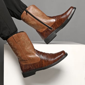 Férfi Martin csizmák nyugati stílusban, microfiber felsőrész, gumi talp, kerek orr, alacsony sarok, kültéri viselet