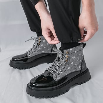 Férfi Martin bakancs, magas felsőrésszel, PU bőr, gumírozott talp, kerek orr, 3–5 cm sarok