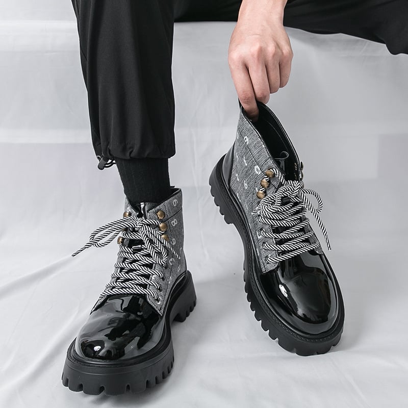 Férfi Martin bakancs, magas felsőrésszel, PU bőr, gumírozott talp, kerek orr, 3–5 cm sarok