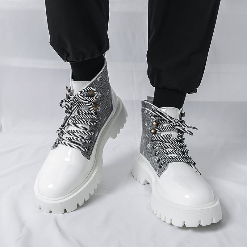 Férfi Martin bakancs, magas felsőrésszel, PU bőr, gumírozott talp, kerek orr, 3–5 cm sarok