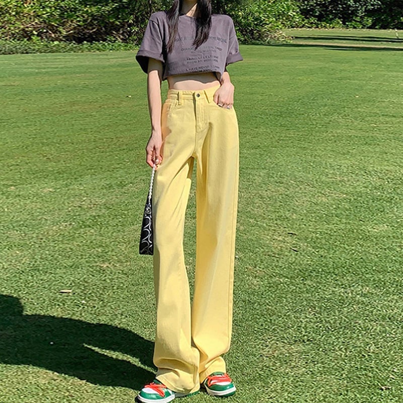 Dopamine női denim nadrág, magas derékkal és széles szárú, 70–80% pamut, mikroelasztikusság, városi mindennapi stílus