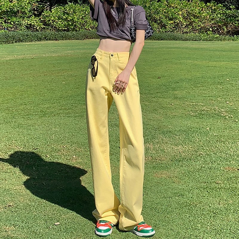 Dopamine női denim nadrág, magas derékkal és széles szárú, 70–80% pamut, mikroelasztikusság, városi mindennapi stílus