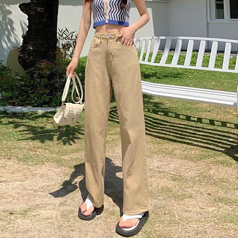 Dopamine női denim nadrág, magas derékkal és széles szárú, 70–80% pamut, mikroelasztikusság, városi mindennapi stílus