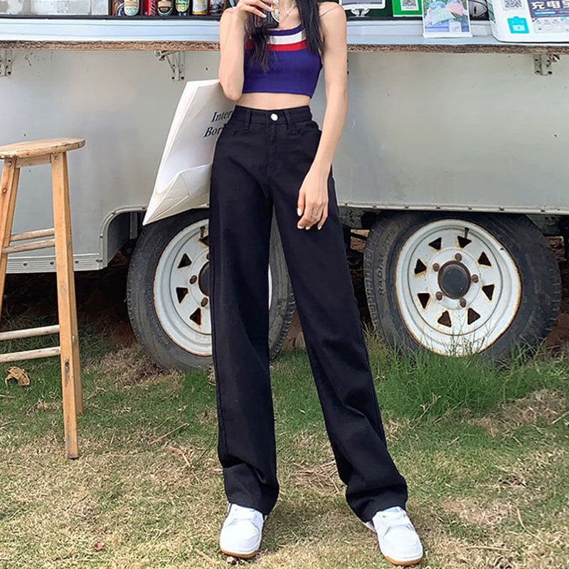 Dopamine női denim nadrág, magas derékkal és széles szárú, 70–80% pamut, mikroelasztikusság, városi mindennapi stílus