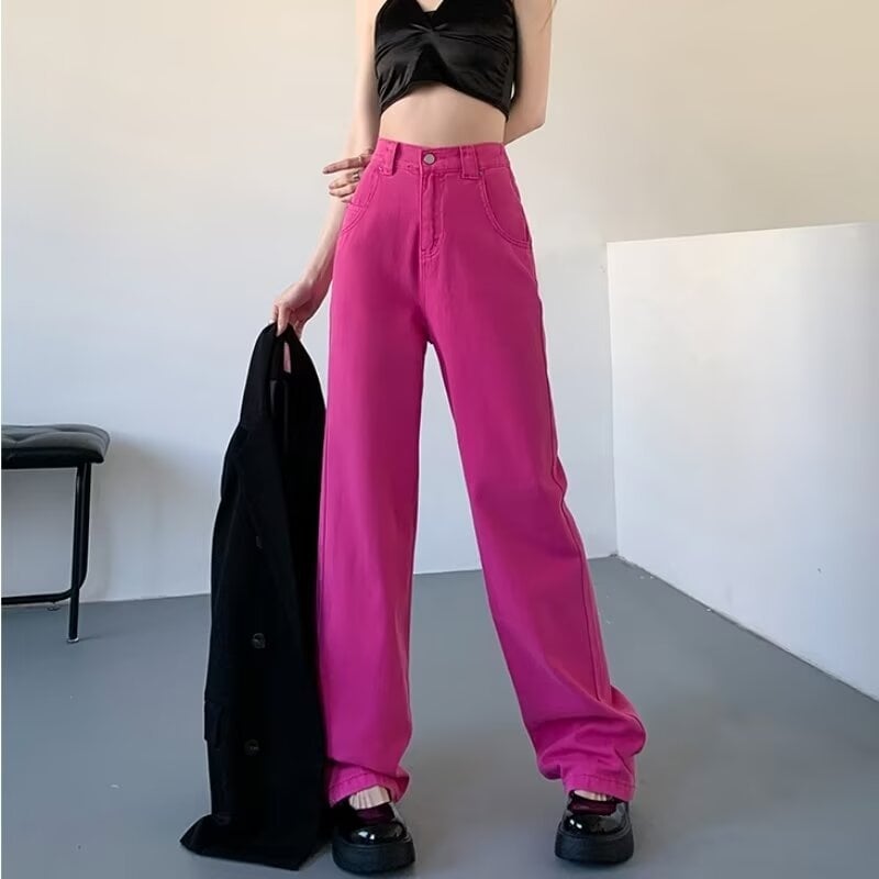 Dopamine női denim nadrág, magas derékkal és széles szárú, 70–80% pamut, mikroelasztikusság, városi mindennapi stílus