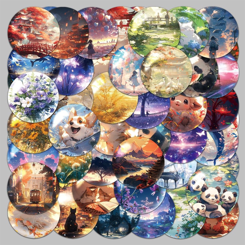 Telefon tok matricák készlet – önragasztó, vízálló, offset nyomtatás, 50 kör alakú világművészeti dizájn, aranyos animációs motívumok, 30 g darabonként